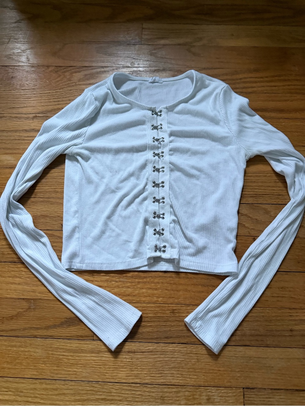 Garage White Ribbed Long-Sleeve Top with Hook Front